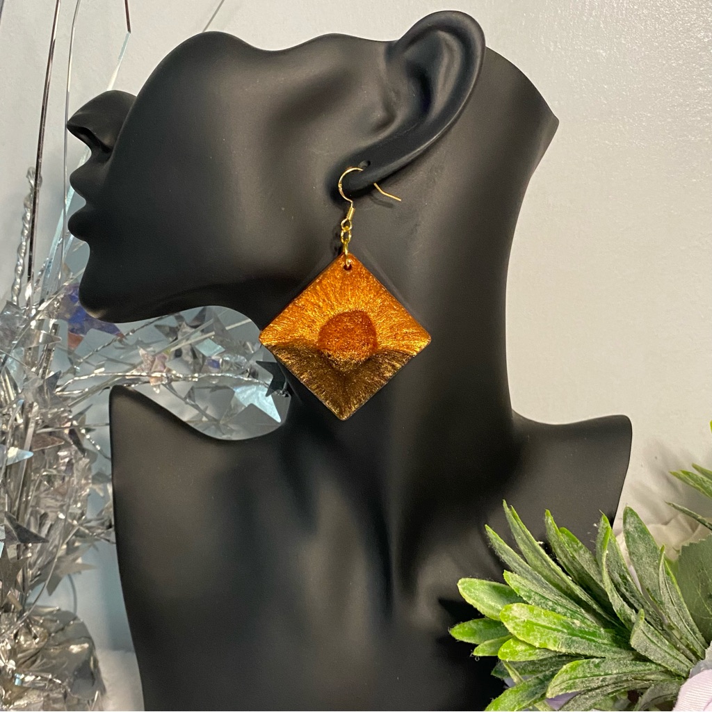 Sjb Handmade Brown Diamond Shape Resin Earrings Gold Fish Hook Rubber Backs